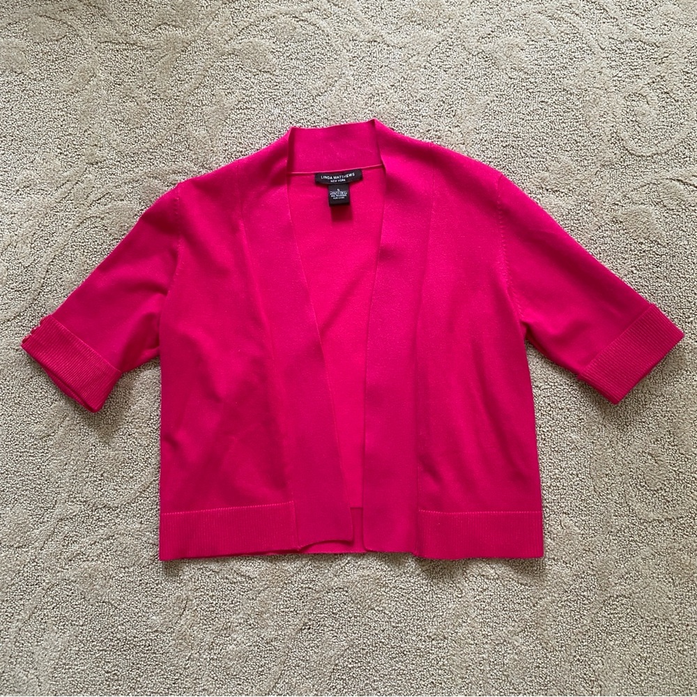 Linda Matthew Size Small Hot Pink Fuschia Shawl Shrug Cardigan Short Sleeve Open